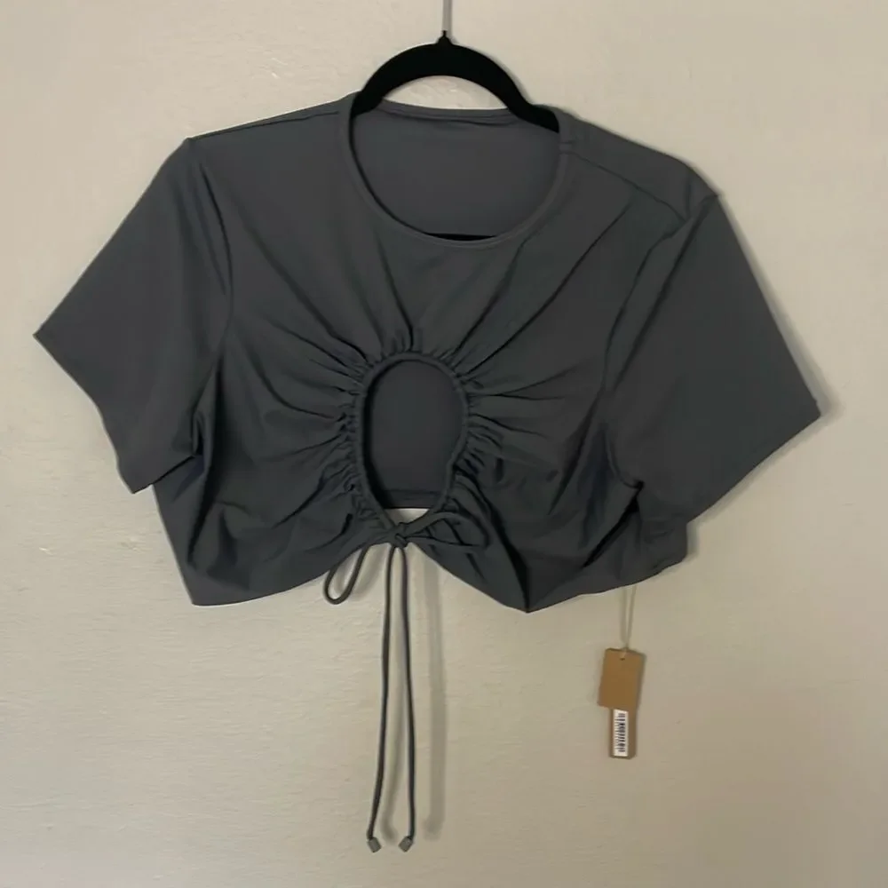 SKIMS Signature Swim Ruched T-Shirt Onyx Black 4X Keyhole Tie Front Flattering